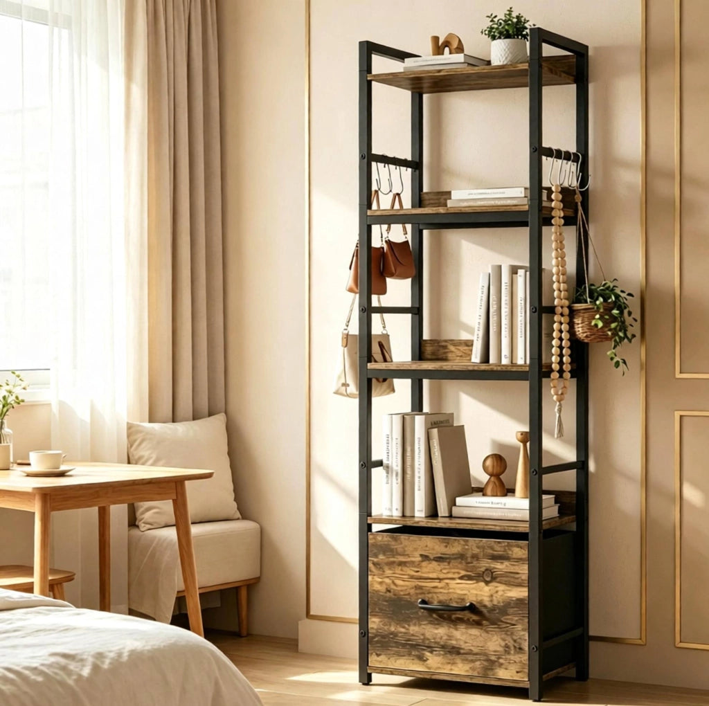 Libreria 4 livelli 39x26x136，5 cm legno e metallo marrone con cassetto