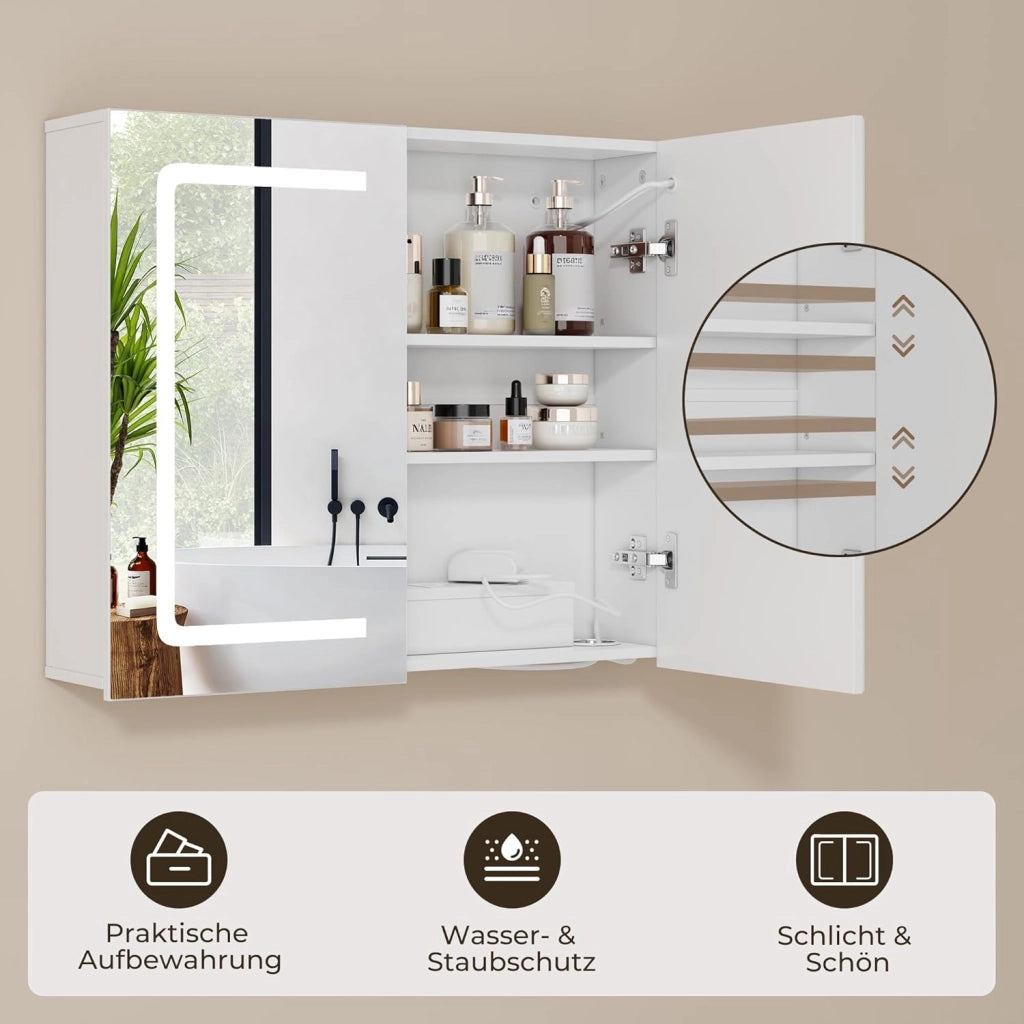 Armadio da bagno con specchio e illuminazione a LED, dimmerabile, con sensore di contatto,presa elettrica, ripiani regolabili,doppia porta in MDF di alta qualità,70X16X60CM,Bianco