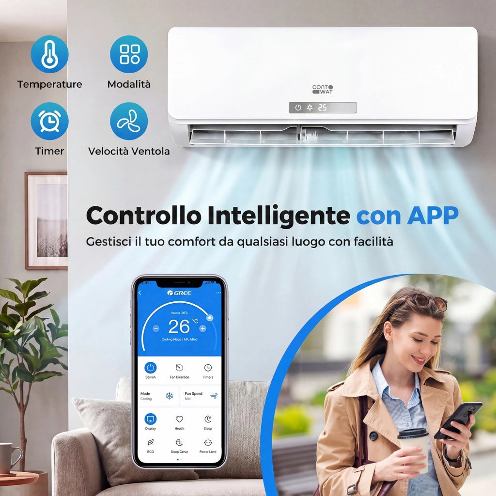 Condizionatore Inverter Monosplit, Climatizzatore 9000 Btu, R32, A++, Silenzionso 19 dB, A++, Raffrescamento, Riscaldamento, Deumidificazione, Ventola, Timer, WiFi, Telecomando, Autopulizi