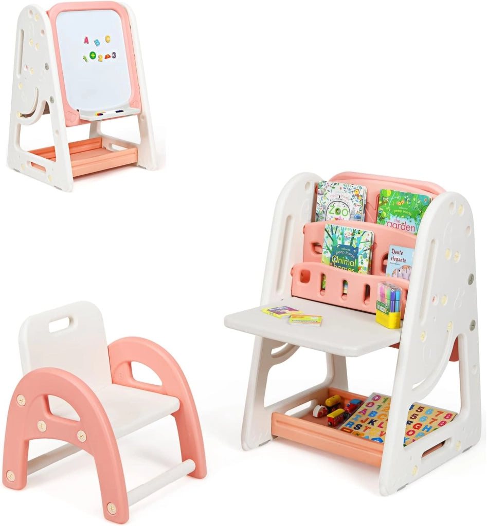 Set 2 in 1 Cavalletto per Bambini, Lavagna Magnetica Multifunzione Bifacciale, Libreria Bambini Altezza Regolabile, con Sedia e Accessori (Blu)