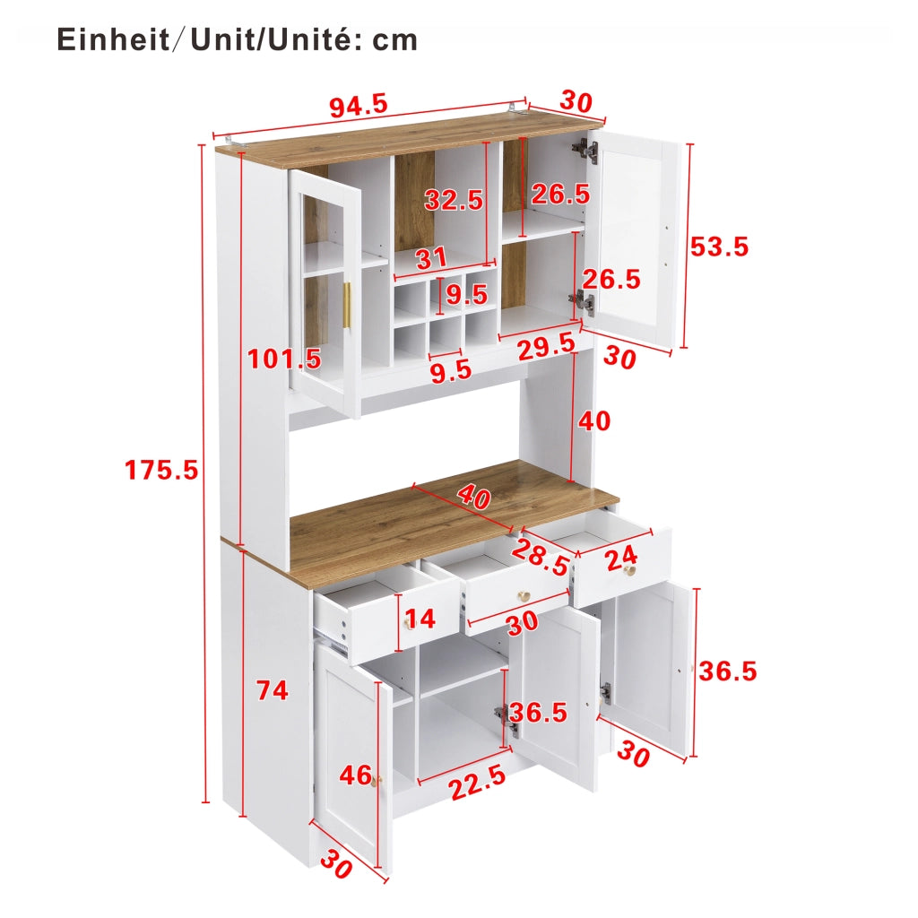 OKWISH Credenza Alta con 5 Ante, 3 Cassetti e Vani Aperti, Ante in Acrilico e Cerniere Ammortizzate, 94.5 x 30 x 175.5 cm
