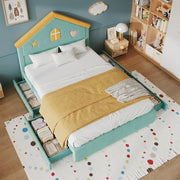 Letto per bambini a casetta 140x200 cm con 4 cassetti; imbottito in velluto blu-verde