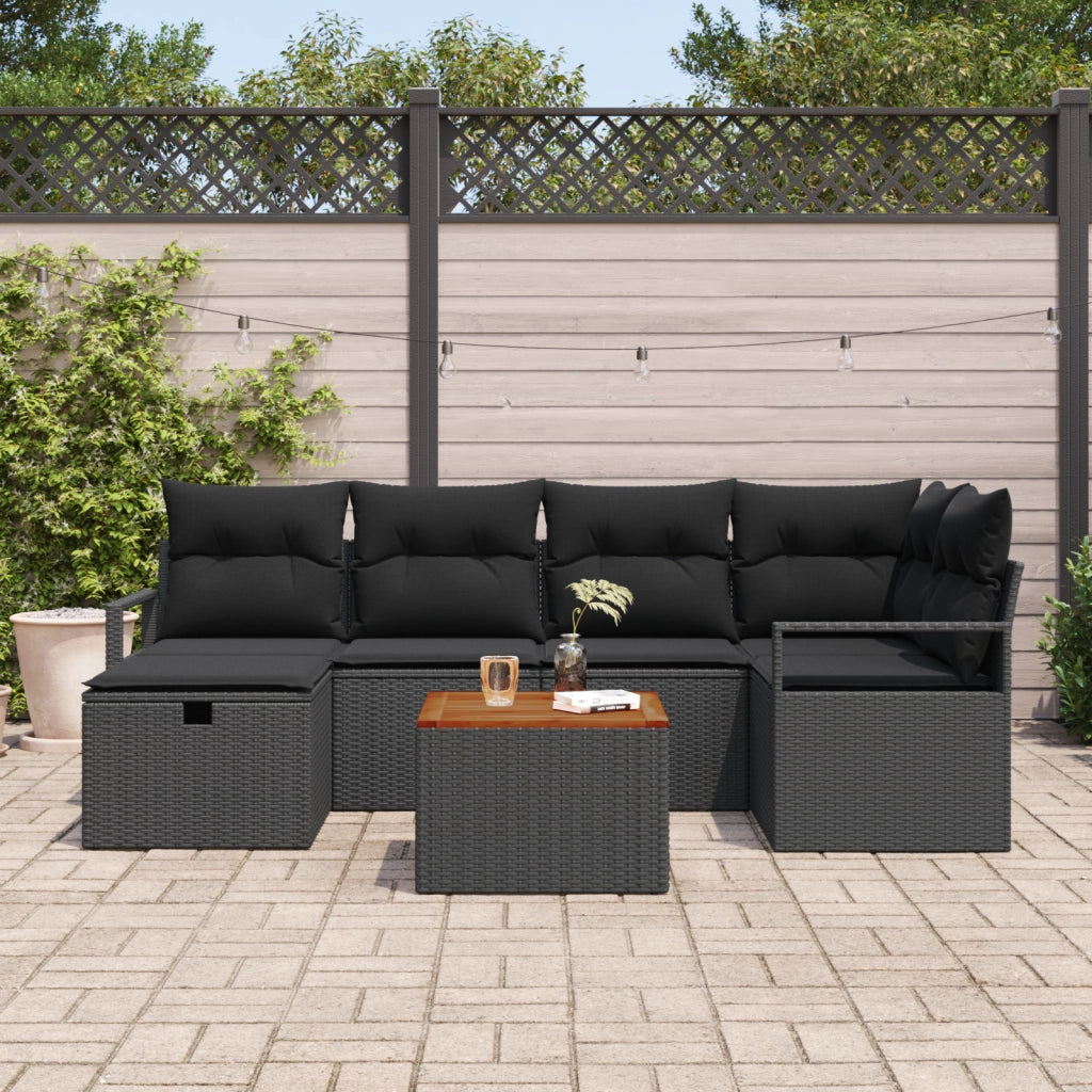 Set Divano da Giardino  7 Pezzi con Cuscini Rattan Nera Poly