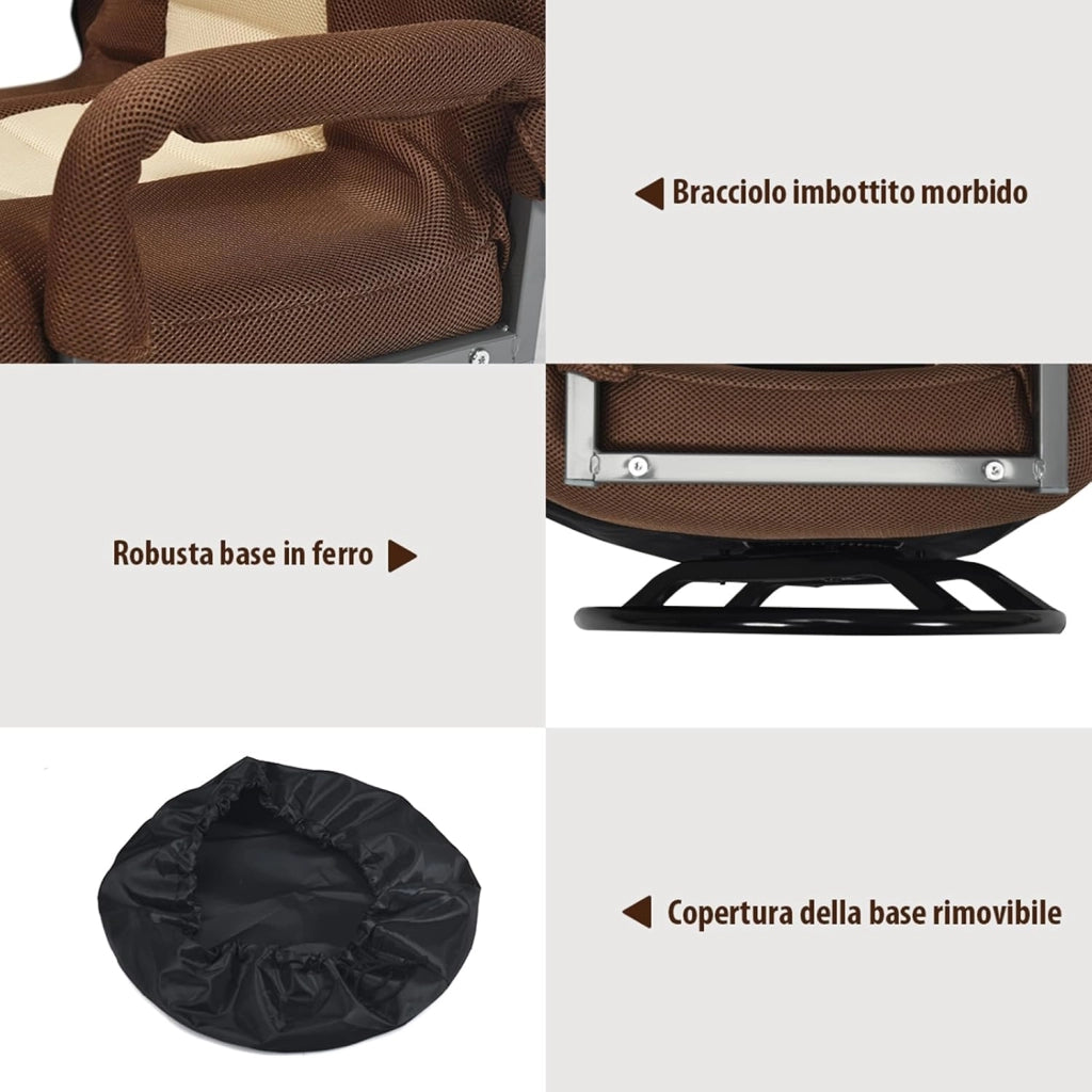 Sedia da Pavimento Pighevole, Sedia da Terra con Braccioli, Poltrona da Yoga Portatile e Girevole, Poltrona con Schienale Regolabile a 5+2 Livelli, Portata 150 kg (Marrone-Beige)