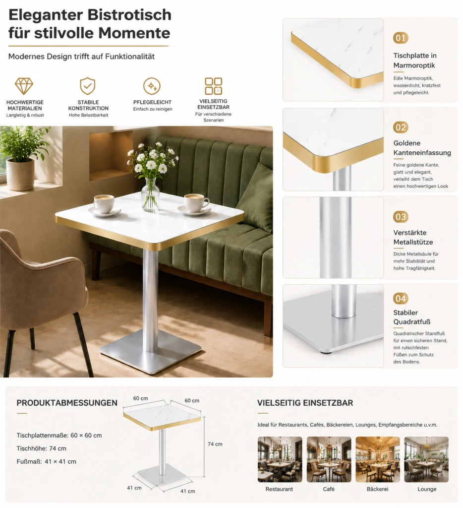Tavolo quadrato con piano effetto marmo e bordo dorato, per 2-4 persone, in MDF e metallo, bianco, 60 × 60 × 74 cm