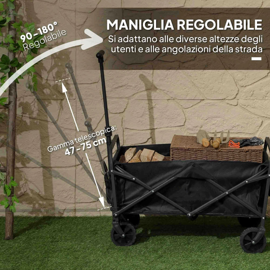 Carrello da Giardino 62L Pieghevole con Maniglia Regolabile, in Metallo e Tessuto Oxford, 76x48x86 cm, Nero