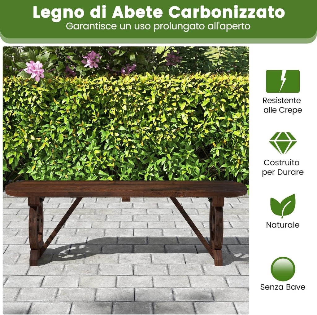 Panchina in Legno Rustico, Panchina da Esterno con Base a Ruota di Carro, Design Sedile a Doghe, Panchina a 2 Posti per Giardino, Balcone e Cortile, Portata 325 kg