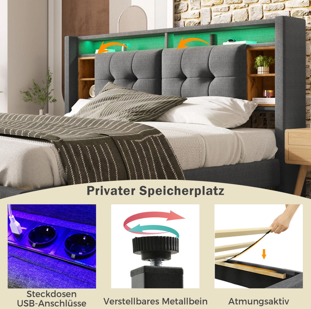 Letto matrimoniale 140x200 cm grigio con testiera contenitore; LED; prese USB e materasso