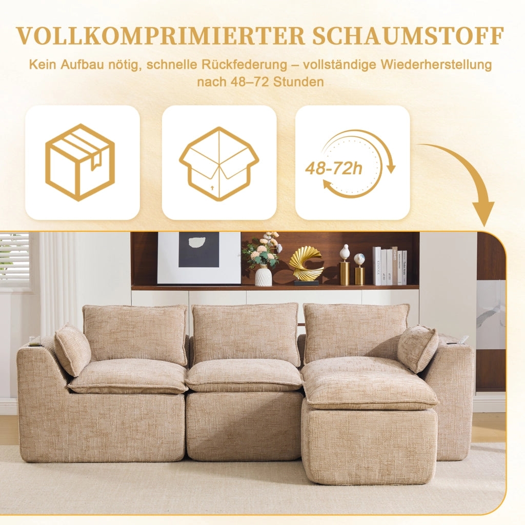 Divano modulare 3 posti con pouf; cuscini e tasche laterali; in chenille khaki