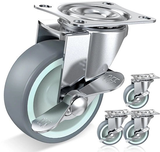 Zampe di regolazione 75 mm con freni laterali per zampe TPR per mobili di lavoro o attrezzature con portata di 227 kg (set da 4)