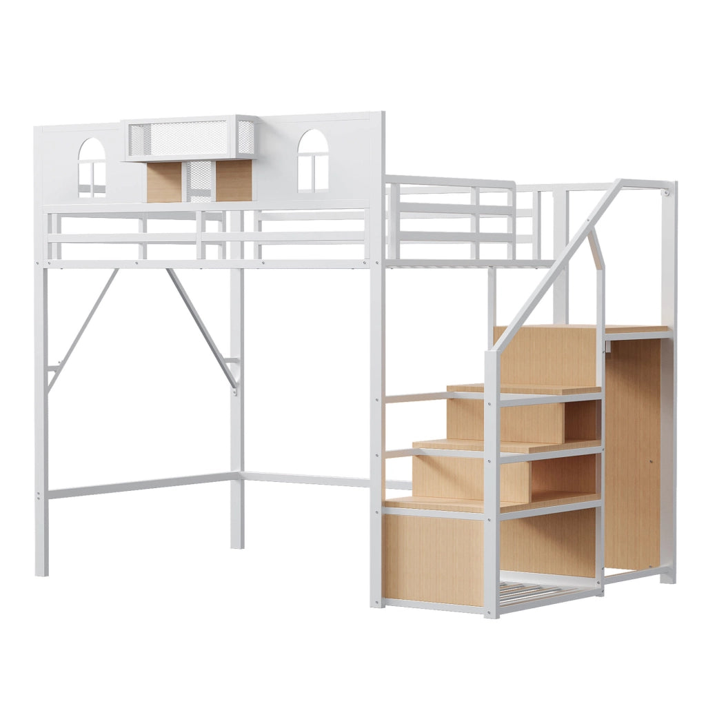 Letto a soppalco in metallo con scala contenitore; 140x200 cm; bianco; con ripiani