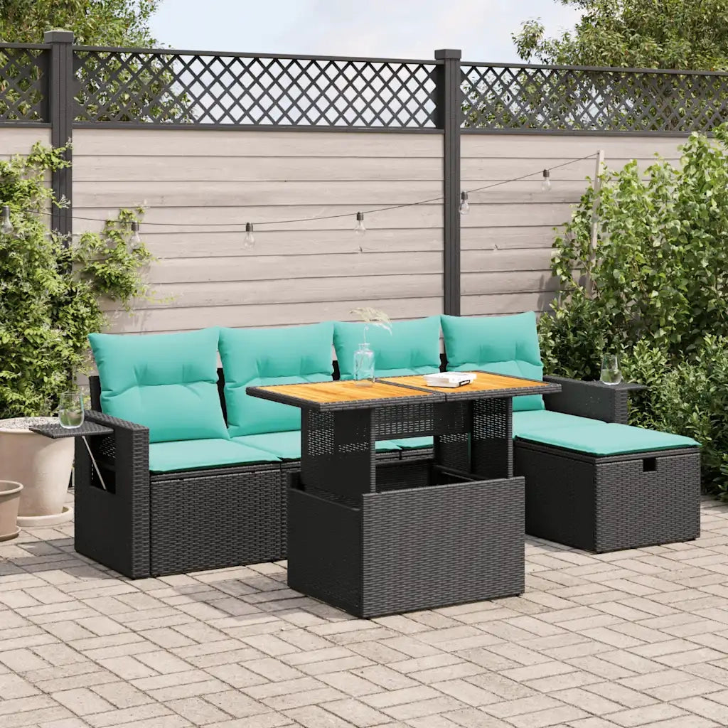 Set Divano da Giardino 6 pz con Cuscini Nero Polyrattan Acacia