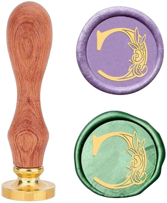 Sostituto di sigillo in cera con alfabeto retro 26 lettere 25 mm - Iniziali fiori vintage - Maniglia rimovibile in ottone manico in legno