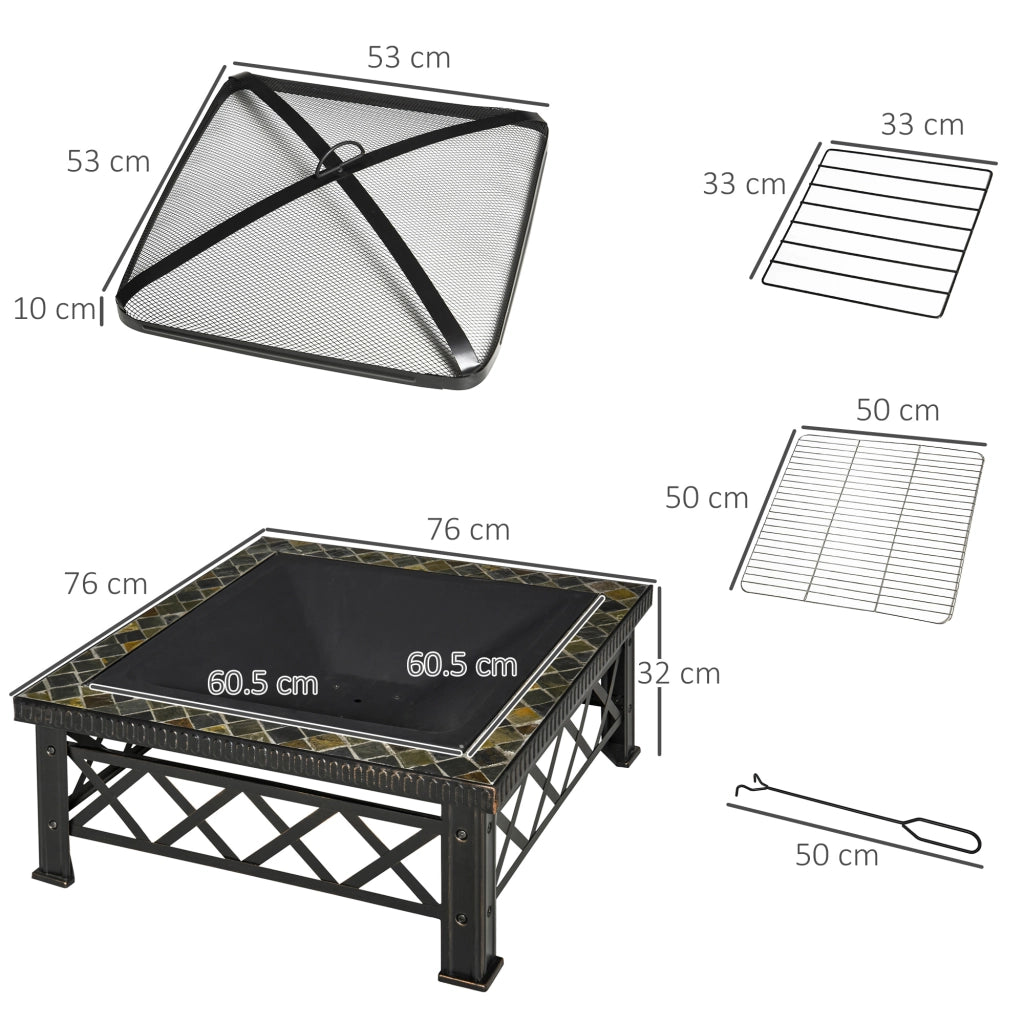 Braciere/Focolare 3 in 1 con parascintille, griglia e secchiello per il ghiaccio per barbecue da giardino, nero, 76x76x47 cm