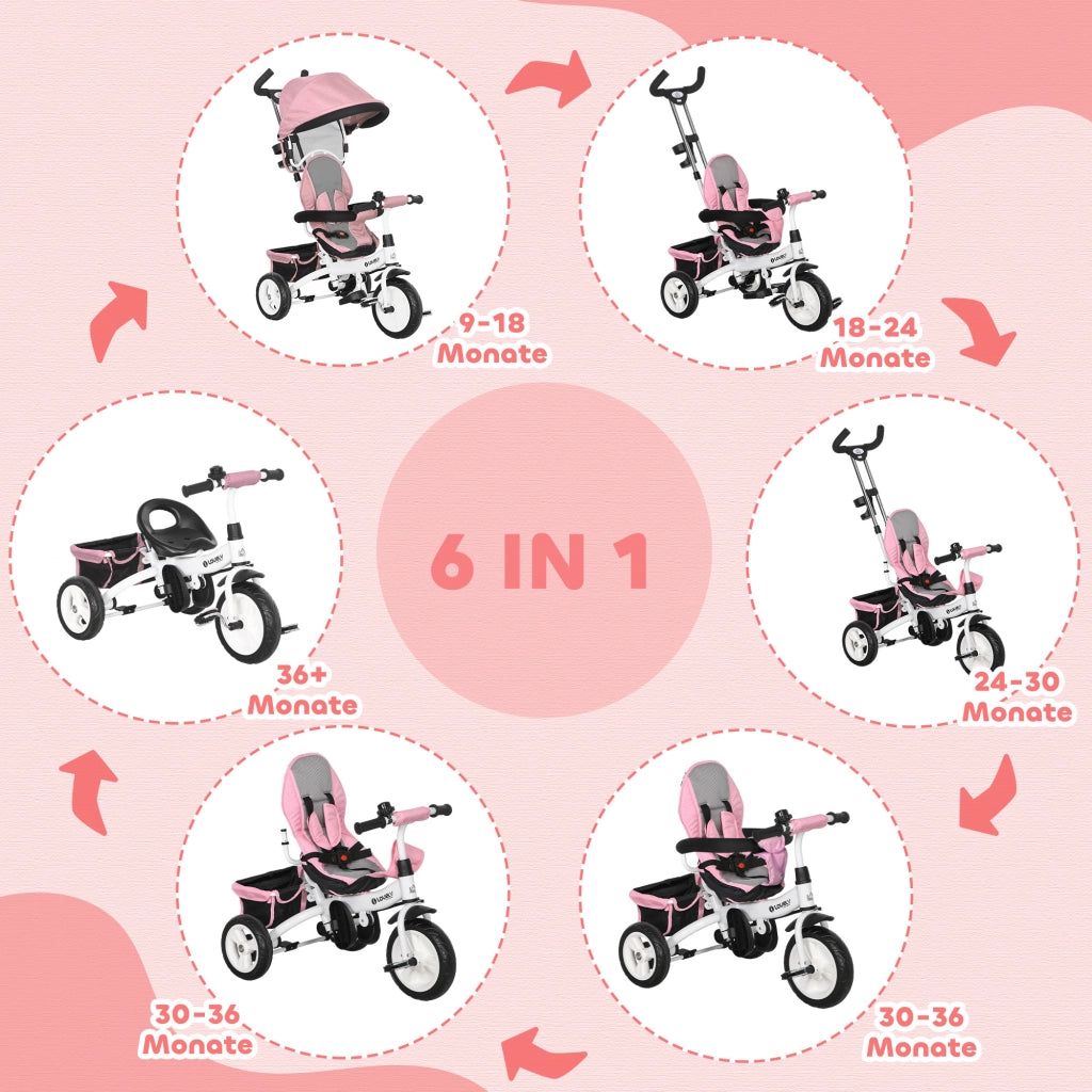 Triciclo Bambini 6 in 1 con Spinta, Cestino e Cintura di Sicurezza ¨C Zephmum ¨C Rosa