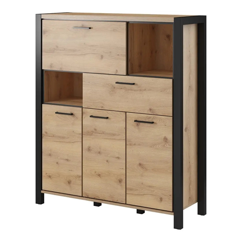 Credenza 4 porte e 1 cassetto collezione TIVORA. Colore quercia e nero. LED inclusi.