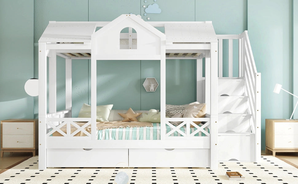Letto a castello con contenitori in legno bianco 90x200 cm