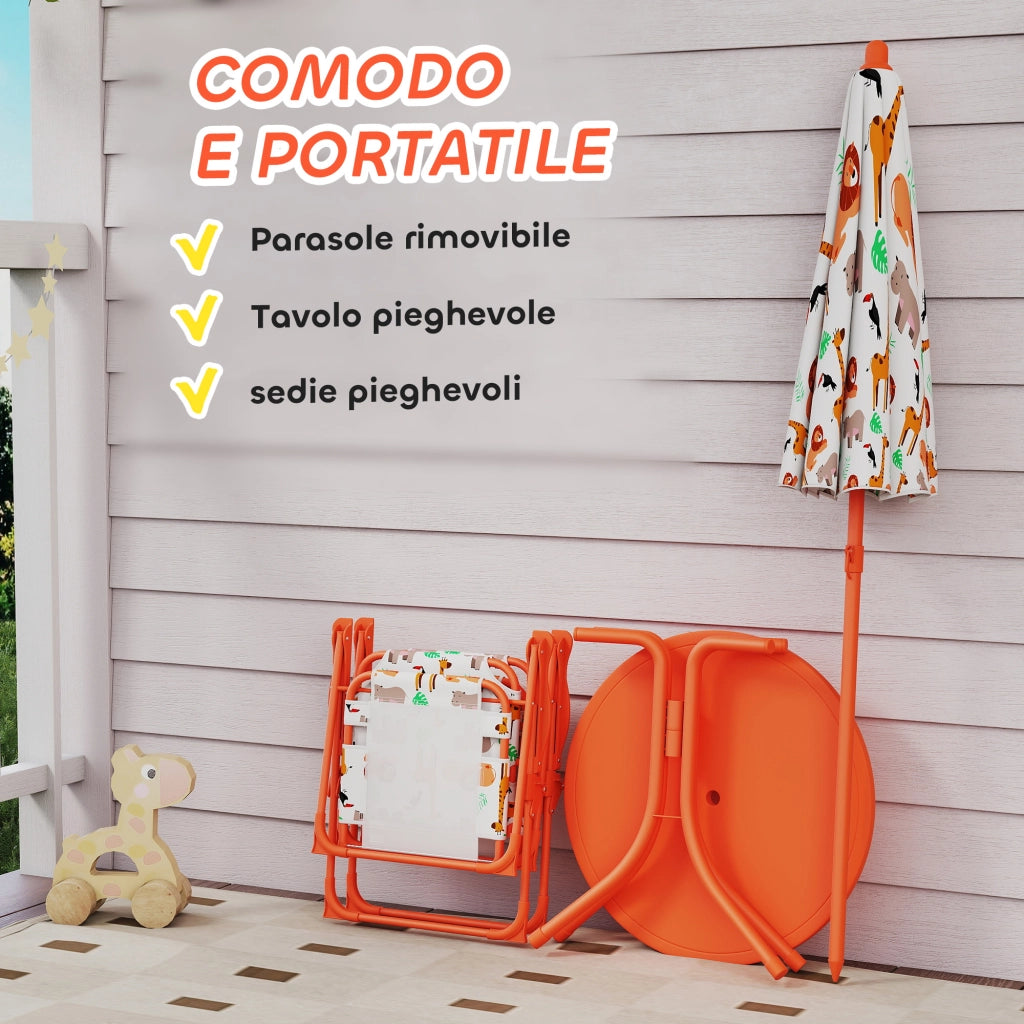 Set Tavolo e Sedie per Bambini con Ombrellone per Esterno in Acciaio Arancione