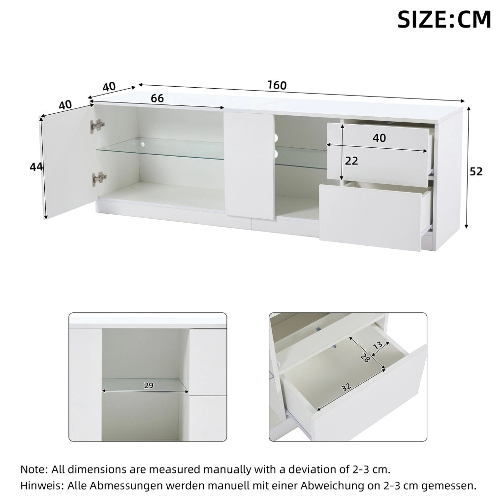 Mobile TV bianco lucido 160x40x52 cm con LED, 2 cassetti e anta