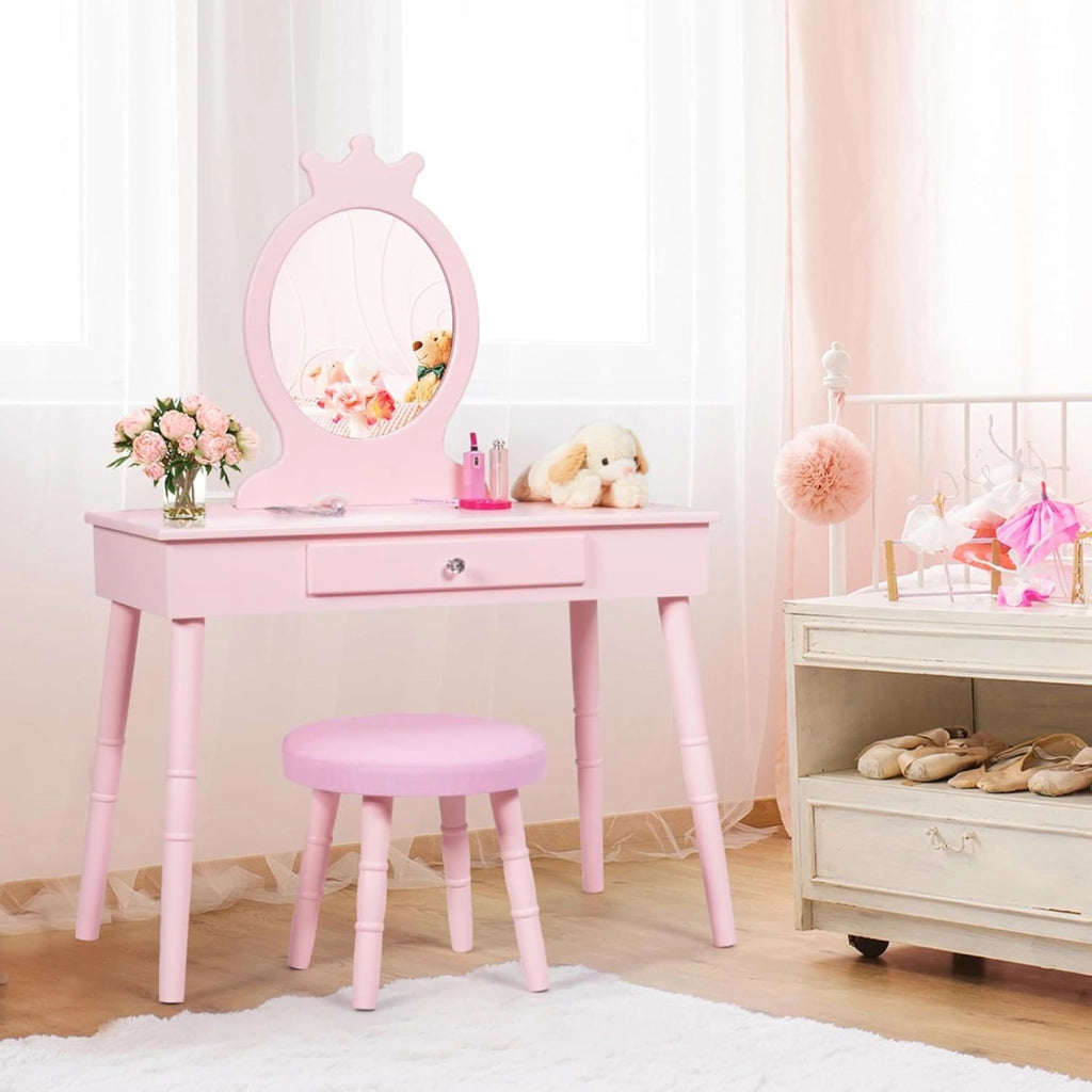 Toeletta Trucco per Bambina, Specchiera per Ragazzi in Legno Robusto, Postazione Trucco 2 in 1 Principessa con Cassetto, Sgabello e Specchio Staccabile, 70 x 34 x 100 cm (Rosa)