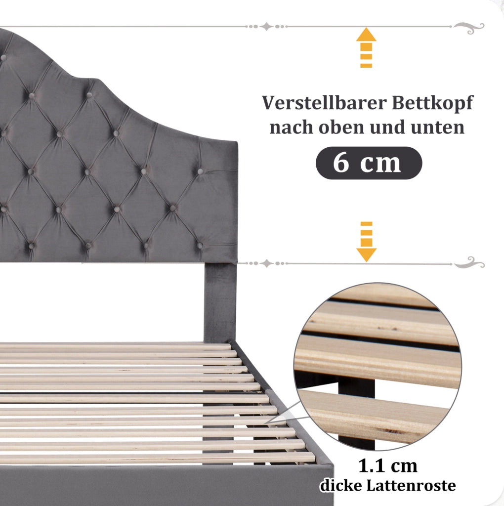 Letto imbottito singolo 90x200 cm in velluto grigio con testiera imbottita e rete a doghe