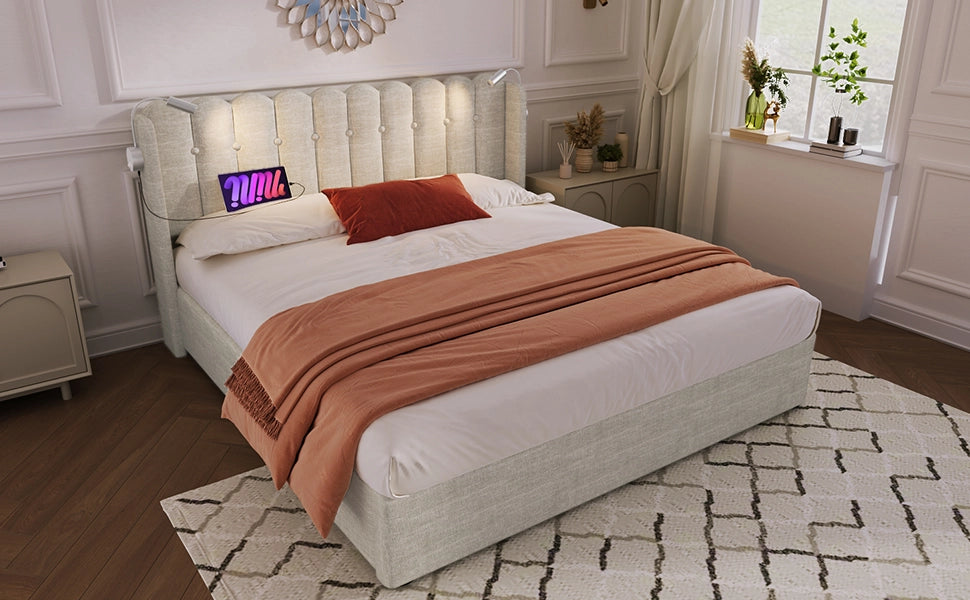 DESMIU Letto contenitore Letto matrimoniale con USB, luce da lettura e vano contenitore 140 × 200 cm, senza materasso
