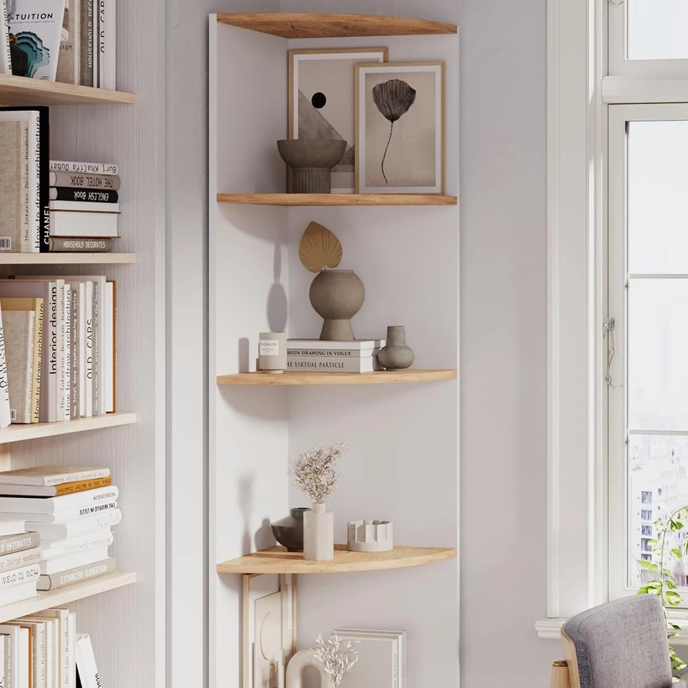 Scaffale d'angolo Ecki, Rovere bianco/dorato, 40 x 180 cm, per montaggio a parete con tre ripiani aperti