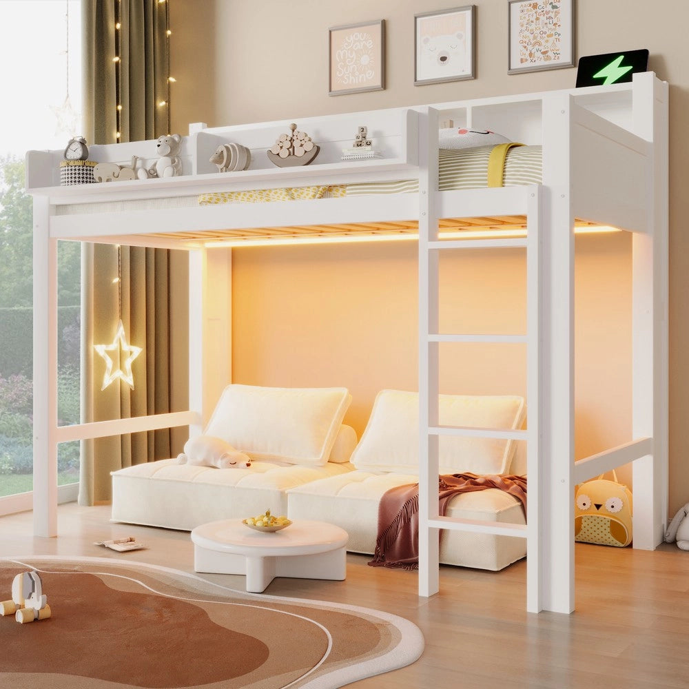 Letto a Soppalco in Legno con LED e USB ¨C MINIMAL ¨C Bianco 90x200