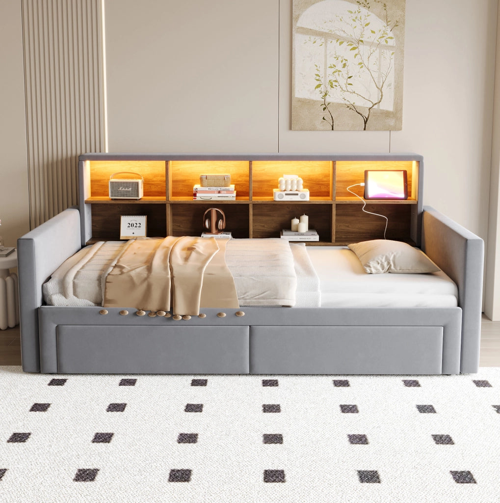 Letto imbottito estraibile ULEVR 90x190 cm, estensibile a 180 cm, LED, prese USB e Type-C, grigio