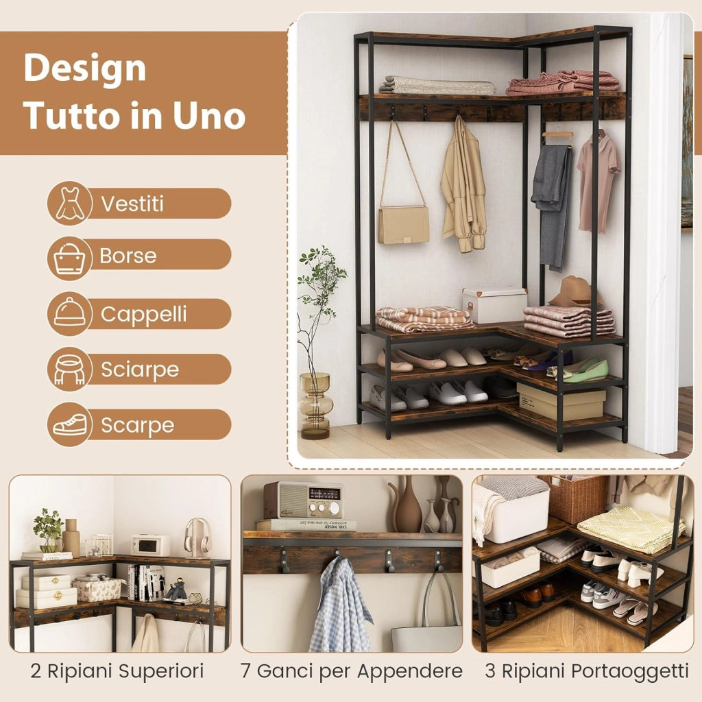 Stand Appendiabiti Angolare, Appendiabiti a Forma L con Ripiani Aperti 7 Ganci e Panca per Scarpe, Struttura in Metallo e Piedini Regolabili, 90x90x178 cm (Marrone industriale)