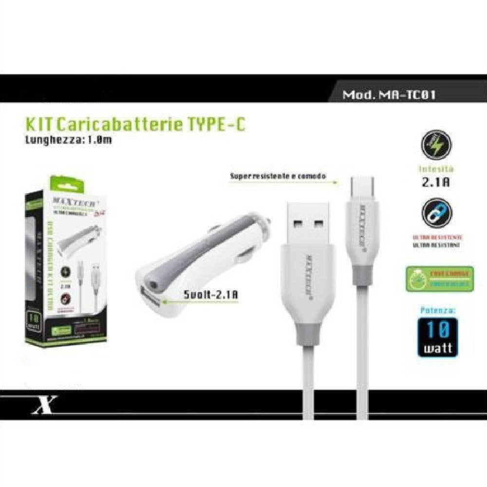 Trade Shop - Caricabatterie Caricatore Auto Cavo Usb Type-c 1mt Ricarica 10w Maxtech Ma-tc01 -