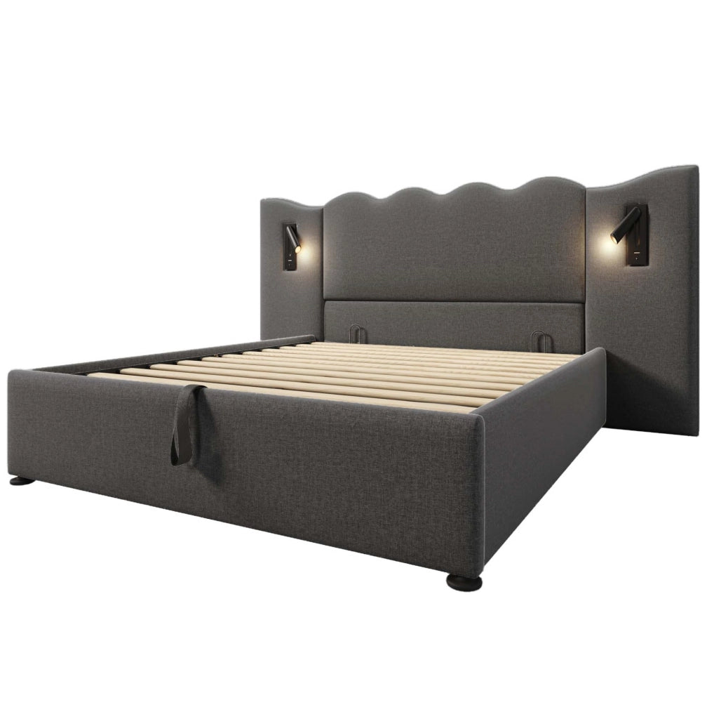 Letto matrimoniale 160x200 cm in lino grigio con lampada da lettura; ricarica USB e contenitore