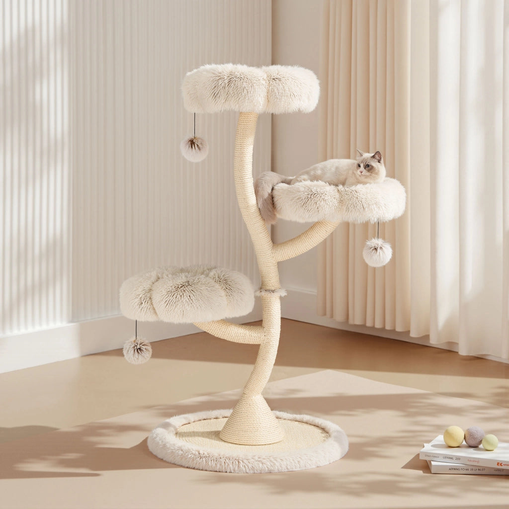 Fudajo Albero tiragraffi per gatti di design con 3 piattaforme, Ø 59 cm, altezza 125 cm, portata max. 15 kg, beige con sisal e peluche, colonna con 3 livelli