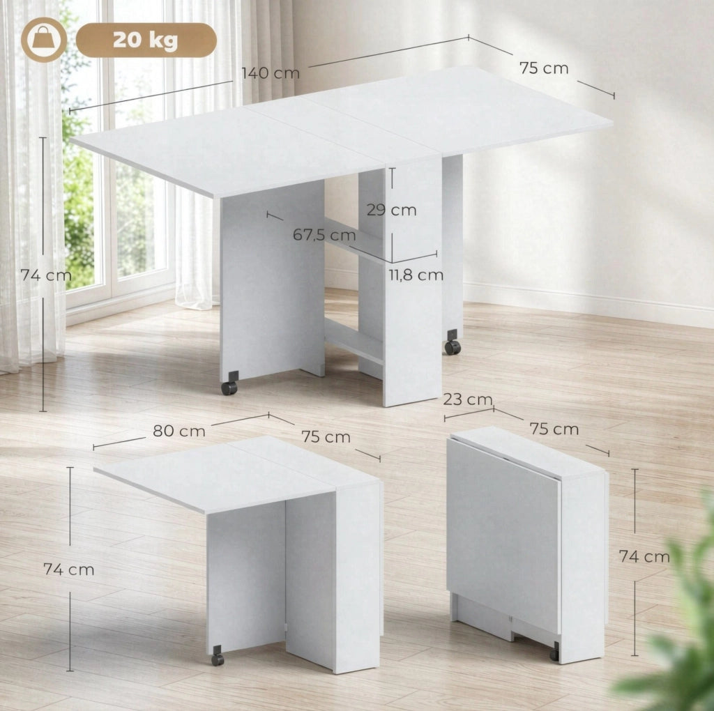 Tavolo da pranzo pieghevole ULEVR 75x140x74 cm con ruote frenate e 2 ripiani, bianco