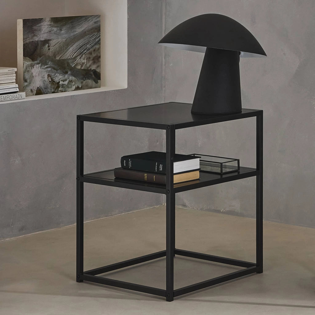 Comodino in metallo nero con ripiano, nero