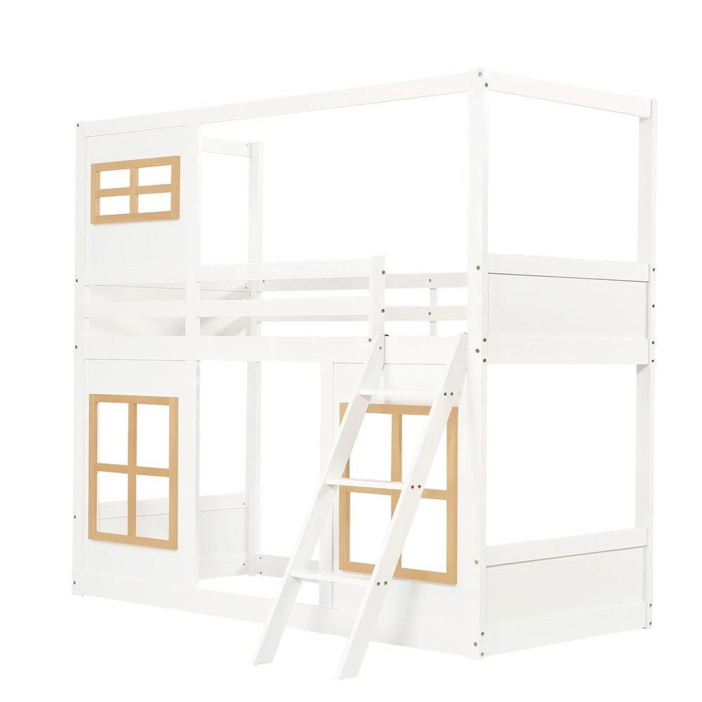Letto a Castello per Bambini con Finestra e Scaletta ¨C MINIMAL ¨C Pino/MDF/Multistrato, Bianco, 90x200