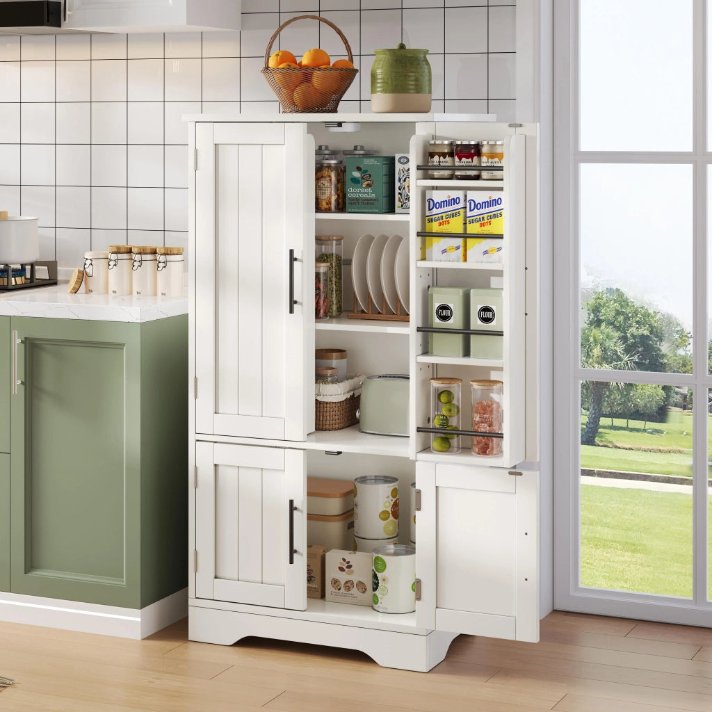 Credenza alta con LED sensore, 2 ripiani regolabili e ante ondulate, per cucina, in MDF bianco 120 × 60 × 40 cm