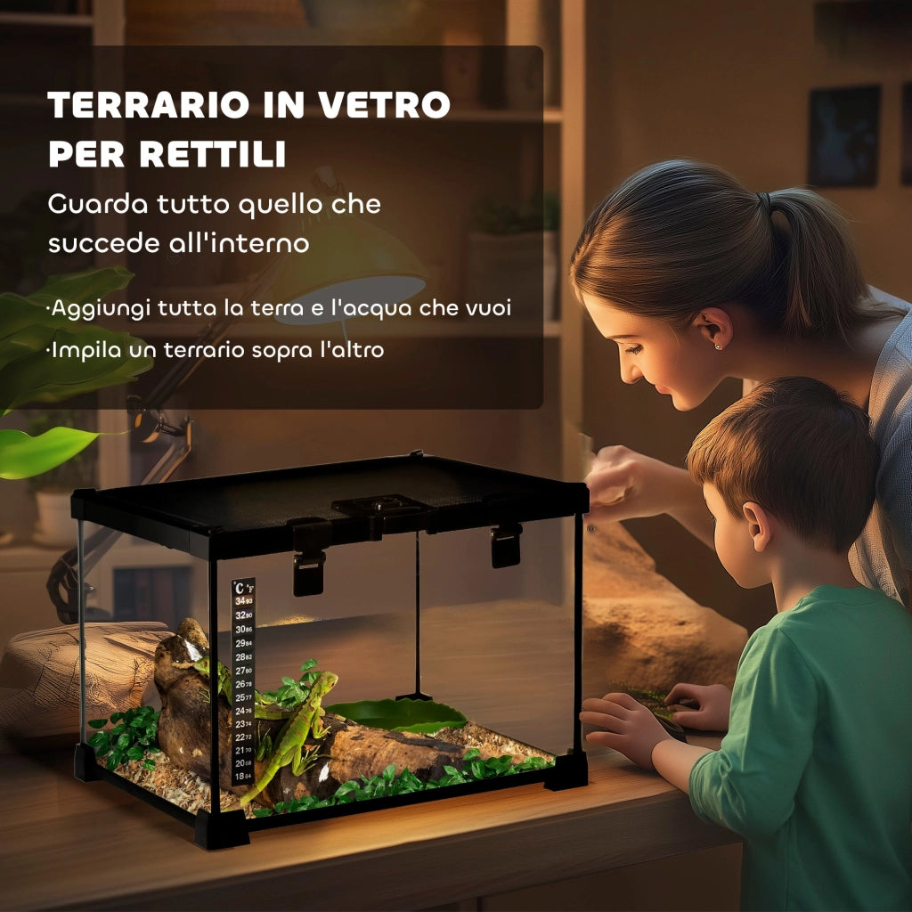 Terrario per Rettili 30x30x20 cm Rialzato con Serratura e Termometro in Vetro e Rete Metallica Nero
