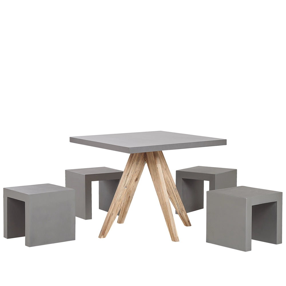 Set da Giardino con Tavolo Quadrato in Legno e 4 Sgabelli in Cemento Grigio