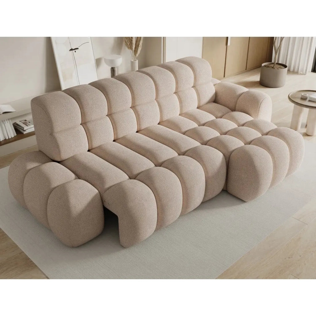 Divano ad angolo convertibile BULLA 3 posti beige angolo destro - tessuto a nido d'ape con estensione seduta elettrica