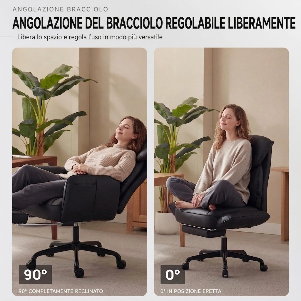 Sedia da ufficio ergonomica - Con corrimano e poggiapiedi - Con braccioli regolabili - Schienale regolabile - Nero