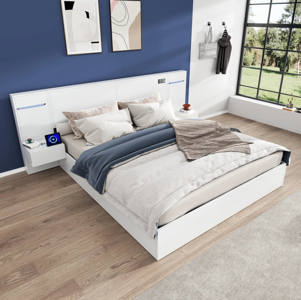 Letto 160x200 cm con Bluetooth; USB-A e USB-C; orologio elettronico e luce colorata; MDF bianco