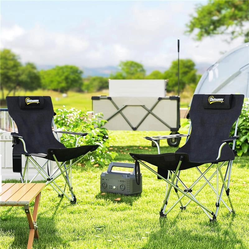 SET 2 SEDIE DA CAMPEGGIO PIEGHEVOLI CON POGGIAPIEDI STACCABILE E PORTABICCHIERI 82X50/100X88 CM NERO