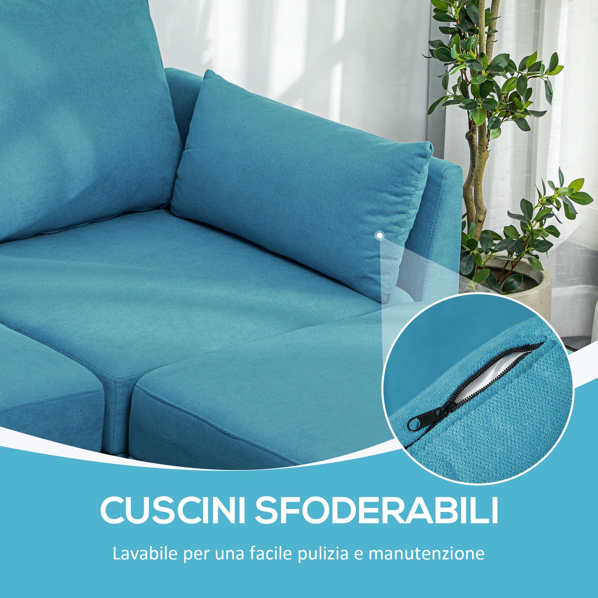 Divano 3 Posti Componibile Modulare con Pouf Poggiapiedi e Cuscini 213x156x88 cm Blu