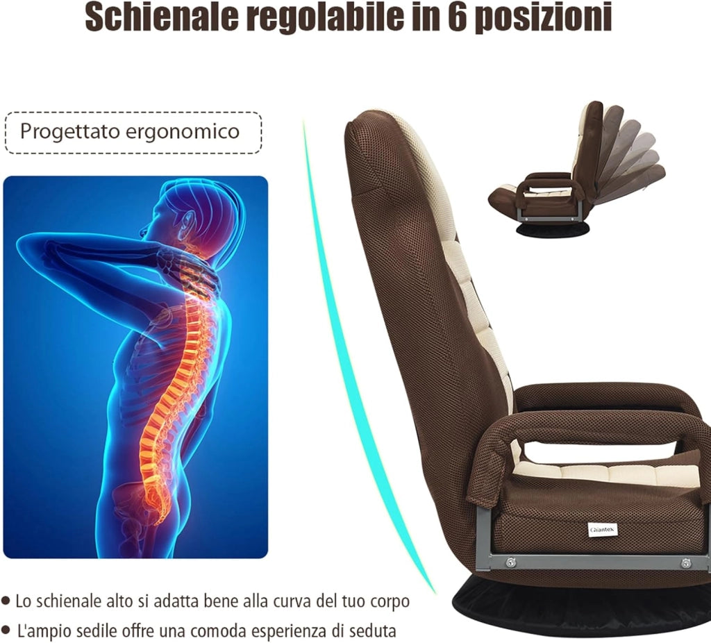 Sedia da Pavimento Pighevole, Sedia da Terra con Braccioli, Poltrona da Yoga Portatile e Girevole, Poltrona con Schienale Regolabile a 5+2 Livelli, Portata 150 kg (Marrone-Beige)