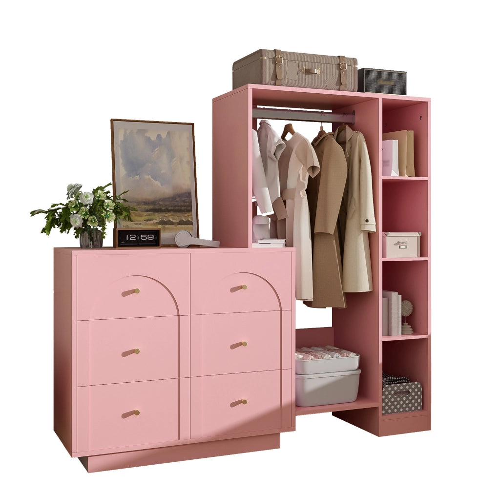Armadio guardaroba aperto con appendiabiti; 6 cassetti e ripiani laterali; 139 × 35 × 133 cm; rosa