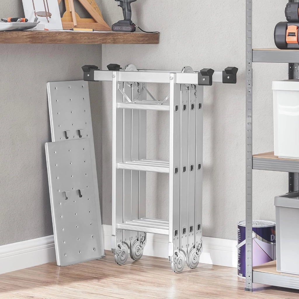 SONGMICS Scala Multifunzione in Alluminio, Scala a Gradini, Scaletta Domestica, 4 x 3 Gradini, fino a 150 kg, 12 Gradini, Design 6-in-1, Lunga 326 cm, Colore Argento GLT36M