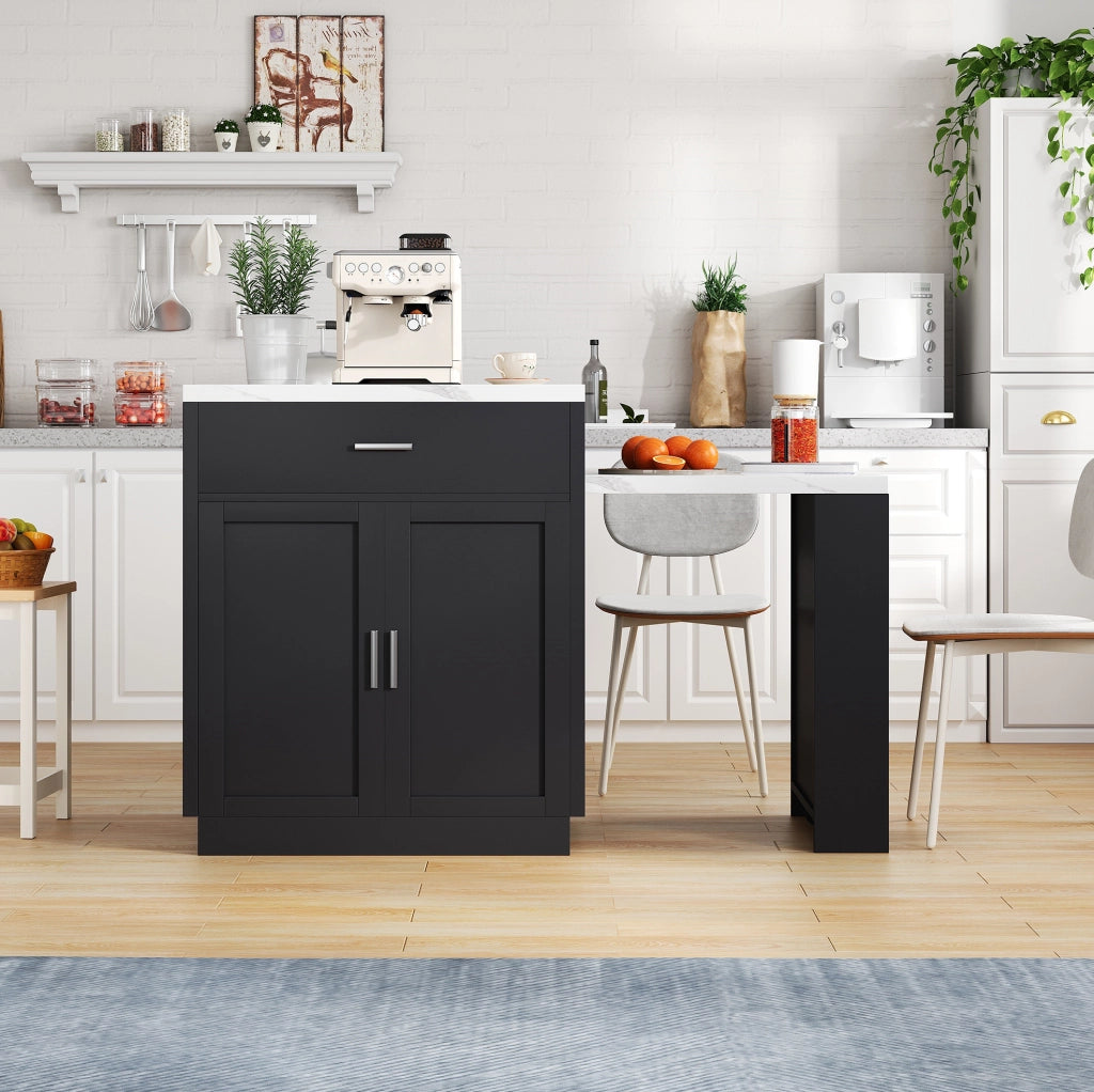 Isola cucina con tavolo estraibile 211x55x89;5 cm in MDF nero con prese USB; cassetti e ripiani