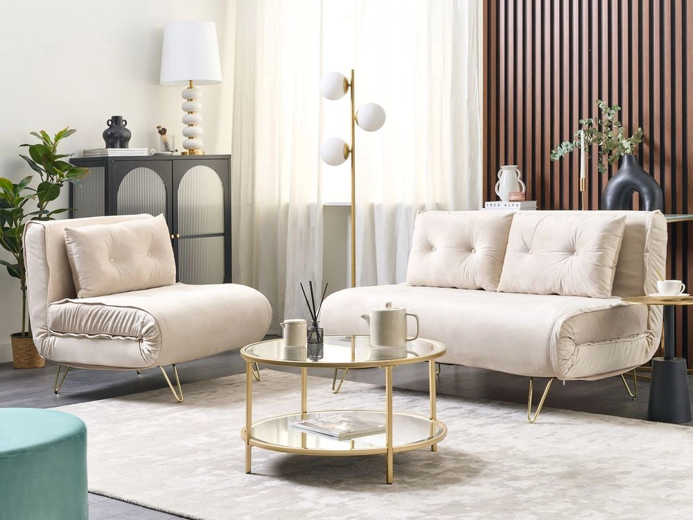 Set di 2 divani letto a 2 e 1 posto in velluto beige con cuscini e gambe in metallo soggiorno glamour elegante