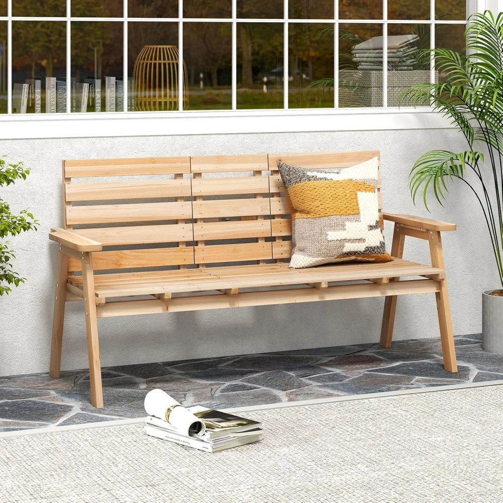 Panchina da Giardino in Legno, Panca Abete 2 o 3 Posti, 160 x 64 x 86 cm, Tavolino Convertibile in Seduta, Panca per Veranda, con Schienale, Braccioli, Portata 300 kg (Naturale)